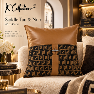 K Collection Monogram Faux Leather Cushion 45cm – Saddle Tan & Noir