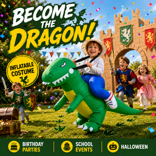Younger Kids’ Inflatable Green Dragon Ride-On Costume – One Size 80–120 cm – Perfect for Parties, School Events & Halloween