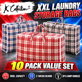 K Collection 10 Pack XXL 100L Tartan Laundry Storage Bags with Zip – 80 × 60 × 20cm