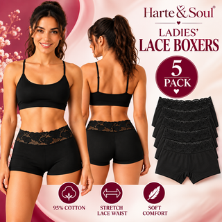 Harte & Soul Women's Lace Waist Cotton Boxers 5 Pack - Black