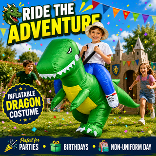 Kids Inflatable Green Dragon Ride-On Costume – One Size 120–150 cm – Perfect for Parties, School Events & Halloween