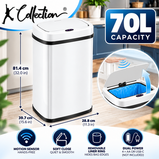 K Collection 70L Automatic Sensor Bin – Touchless Soft-Close Lid – White