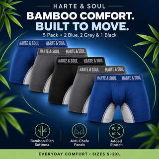 Harte & Soul Men’s Bamboo 5 Pack Anti-Chafe Boxers - Assorted Colours