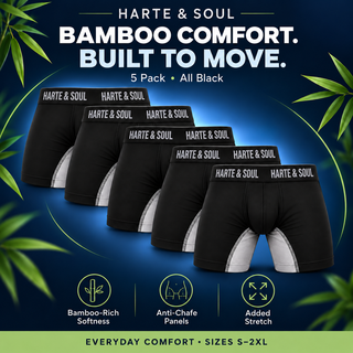Harte & Soul Men’s Bamboo 5 Pack Anti-Chafe Boxers - Black