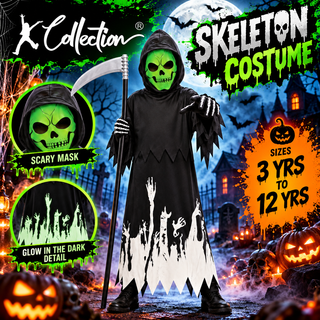 Kids Glow in the Dark Reaper Skeleton Halloween Costume - 3-12 Yrs