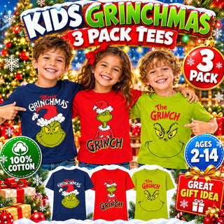 Kids Grinch T-Shirts 3 Pack - Cotton Grinchmas Tops - Ages 2-3 to 13-14