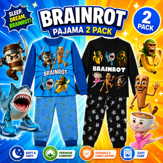 Gamer Brainrot Pyjamas Pack of 2 Long Sleeve Sets | Italian Brainrot Kids Pyjama Set | Tralalero Tralala Tung Tung Sahur | Boys PJs 5-12 Years | 100% Cotton | Blue & Black