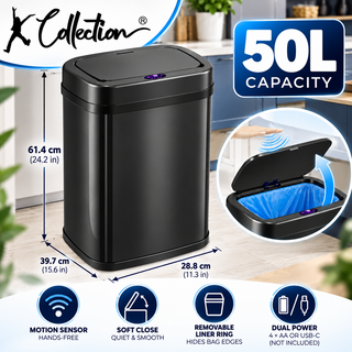 K Collection 50L Automatic Sensor Bin – Touchless Soft-Close Lid – Black
