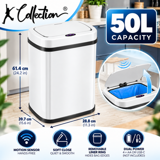 K Collection 50L Automatic Sensor Bin – Touchless Soft-Close Lid – White