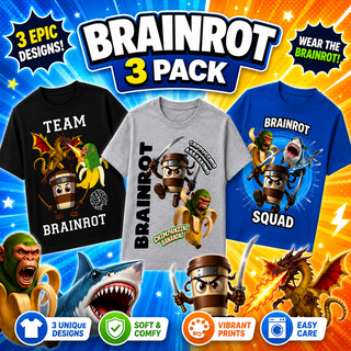 Gamer Brainrot Pack of 3 T-Shirts | Kids Brainrot Tee Shirt Set | Cappuccino Assassino, Chimpanzini Bananini & Brainrot Squad | 100% Cotton | Boys 5-12 Years