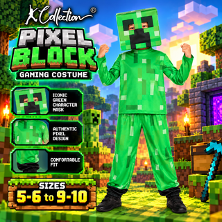 Kids Pixel Block Gaming Costume – Green Character Fancy Dress – Sizes 5-6 to 9-10