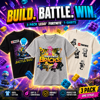 LEGO Fortnite Boys T-Shirt 3 Pack | Battle Bus - Peely Meowscles Raven Tees | Kids Short Sleeve Crew Neck Graphic Shirts | 100% Cotton