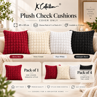 K Collection Plush Check Cushion 45cm – Cover Only, Pack of 1 or 4