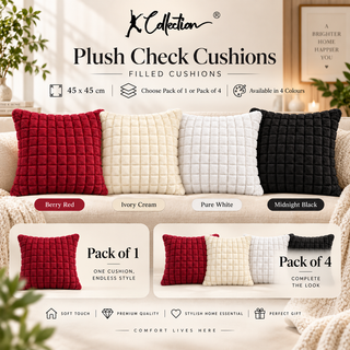 K Collection Plush Check Cushion 45cm – Filled, Pack of 1 or 4