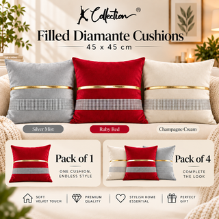 K Collection Pleated Diamante Cushion 45cm – Gold Trim – Filled
