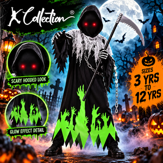 Kids Glow in the Dark Grim Reaper Halloween Costume - Hooded - 3-12 Yrs