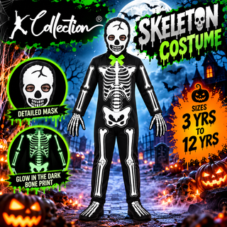 Kids Glow in the Dark Bone Print Skeleton Halloween Costume - 3-12 Yrs
