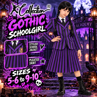 Girls Wednesday Gothic Costume with Wig - Sizes 5-6 to 9-10
