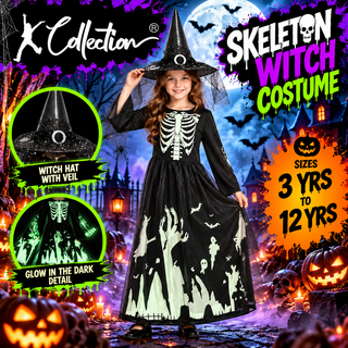 Girls Glow in the Dark Skeleton Witch Halloween Costume -3-12 Years
