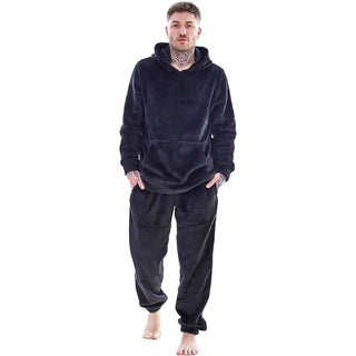 Keanu Mens Hooded Fleece Pyjamas - Black Design - Pullover