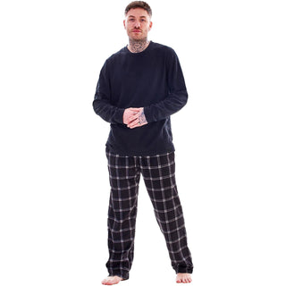 Keanu Mens Microfleece Pyjamas - Black Check Design - Pullover