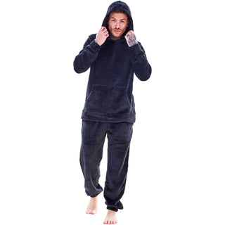 Keanu Mens Hooded Fleece Pyjamas - Black Design - Pullover