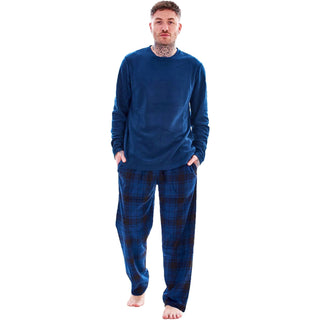 Keanu Mens Microfleece Pyjamas - Navy Check Design - Pullover