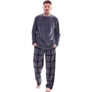 Keanu Mens Microfleece Pyjamas - Charcoal Check Design - Pullover