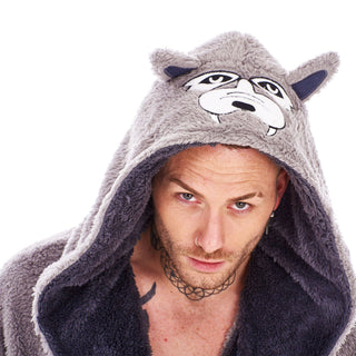 Keanu Mens Dressing Gown - Wolf Head Design - 100% Fleece Polyester - Adults
