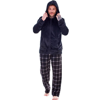 Keanu Mens Microfleece Pyjamas - Black Check Design - Zip Up