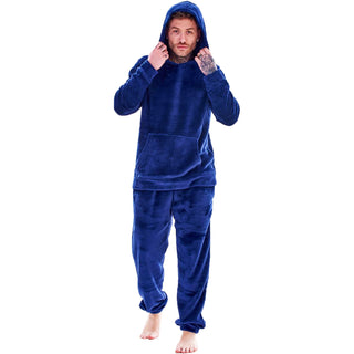 Keanu Mens Hooded Fleece Pyjamas - Navy Design - Pullover