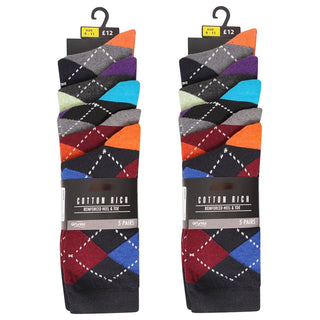 Ex Store Mens 10 Pack Socks - Argyle Design - Cotton Rich Purista - Size 9-11