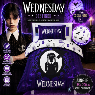 Official Wednesday Destined Reversible Single Duvet Cover Set – Purple