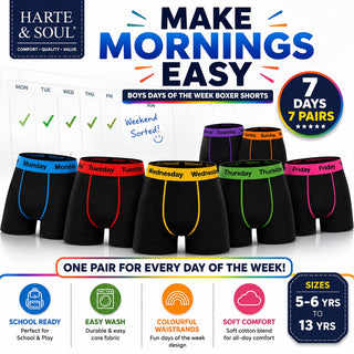 Harte & Soul Pack of 7 Boys Boxer Shorts - Days of The Week Design - Cotton Blend