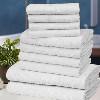 K Collection 10 Piece Egyptian Cotton Towel Set - 100% Cotton -  4 x Face, 4 x Face & 2 x Bath - White Design