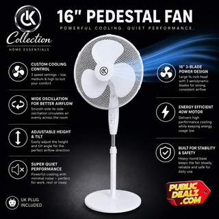 K Collection 16" Pedestal Fan – 3-Speed Oscillating Cooling Fan – Adjustable Height & Pivoting Head – Quiet Airflow – White