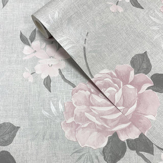 Muriva Rosalind Grey & Pink Wallpaper A69703 – Elegant Floral Design – 10m Roll