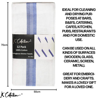 K Collection Blue 12 Pack Kitchen Towels Set - 100% Pure Cotton Classic Herringbone Weave