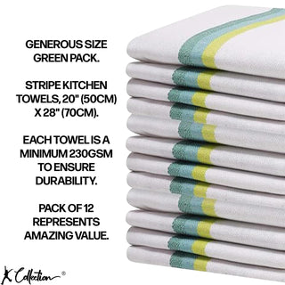 K Collection Green 12 Pack Kitchen Towels Set - 100% Pure Cotton Classic Herringbone Weave