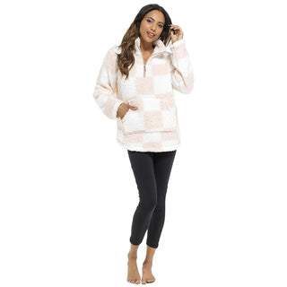 Keanu Ladies Half Zip Jumper - Pink and White Checked Design - Soft Thick Sherpa Fleece