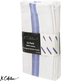 K Collection Blue 12 Pack Kitchen Towels Set - 100% Pure Cotton Classic Herringbone Weave