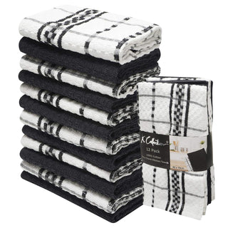K Collection Black 12 Pack Check Kitchen Towels Set - 100% Ring Spun Cotton - Terry Check Design