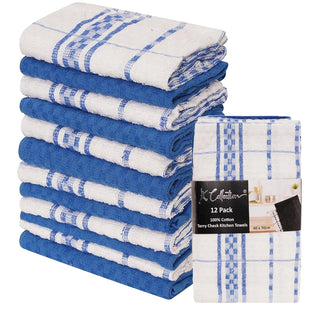 K Collection Blue 12 Pack Check Kitchen Towels Set - 100% Ring Spun Cotton - Terry Check Design
