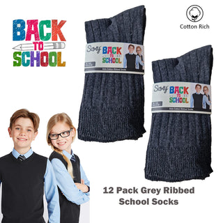 Kids 12 Pack Ribbed Ankle Cotton Rich Plain School Socks - Grey