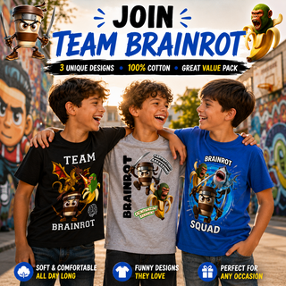 Gamer Brainrot Pack of 3 T-Shirts | Kids Brainrot Tee Shirt Set | Cappuccino Assassino, Chimpanzini Bananini & Brainrot Squad | 100% Cotton | Boys 5-12 Years