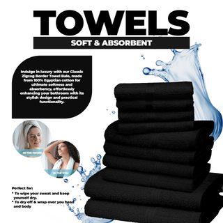 K Collection 10 Piece Egyptian Cotton Towel Set - 100% Cotton -  4 x Face, 4 x Face & 2 x Bath - Black Design