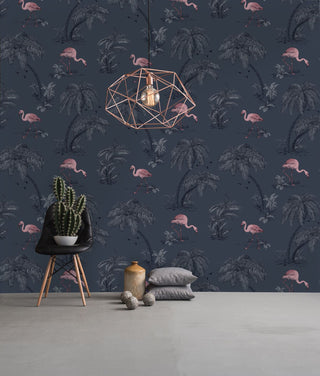 Holden Decor Flamingo Lake Midnight Blue Pink Wallpaper 12382 – Elegant Flamingo Design – 10m Roll