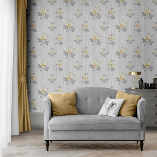 Muriva Darcy Oleana Floral Ochre & Grey Wallpaper 703071 10m Roll Botanical