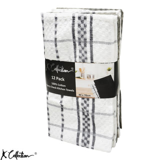 K Collection Grey 12 Pack Check Kitchen Towels Set - 100% Ring Spun Cotton - Terry Check Design