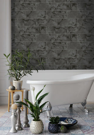 Holden Decor Odeon Marble Tile Charcoal Wallpaper 89390 – Marble Tile Effect Design – 10m Roll
